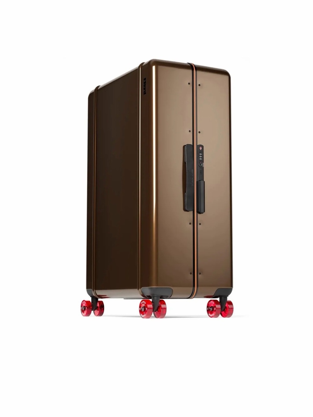 Floyd Brown Hardshell Suitcase with Bright Orange Interior and Red Wheels - Picture 3 of 17